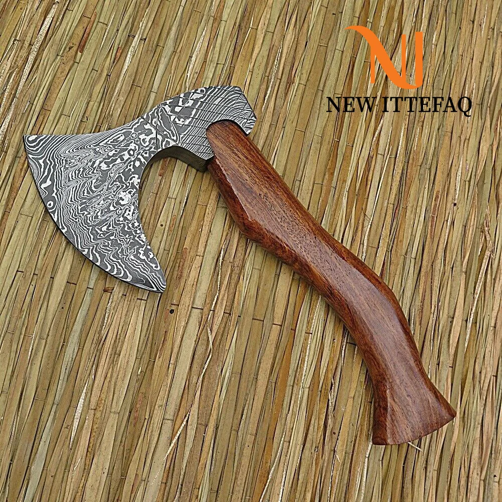 Custom handmade damascus steel hatched axe with rose wood handel