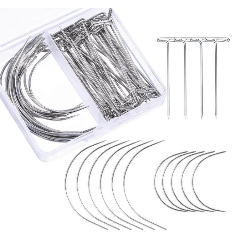 70 Pieces Stainless Steel Wig T Pins & C Curved Needles Set Hair Weave Needles For Wig Making