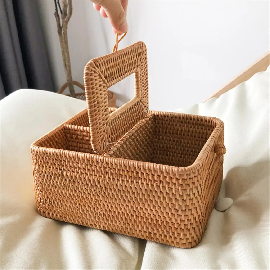 100% natural rattan napkin holder rattan tissue box wicker separated storage basket with lid made in Vietnam
