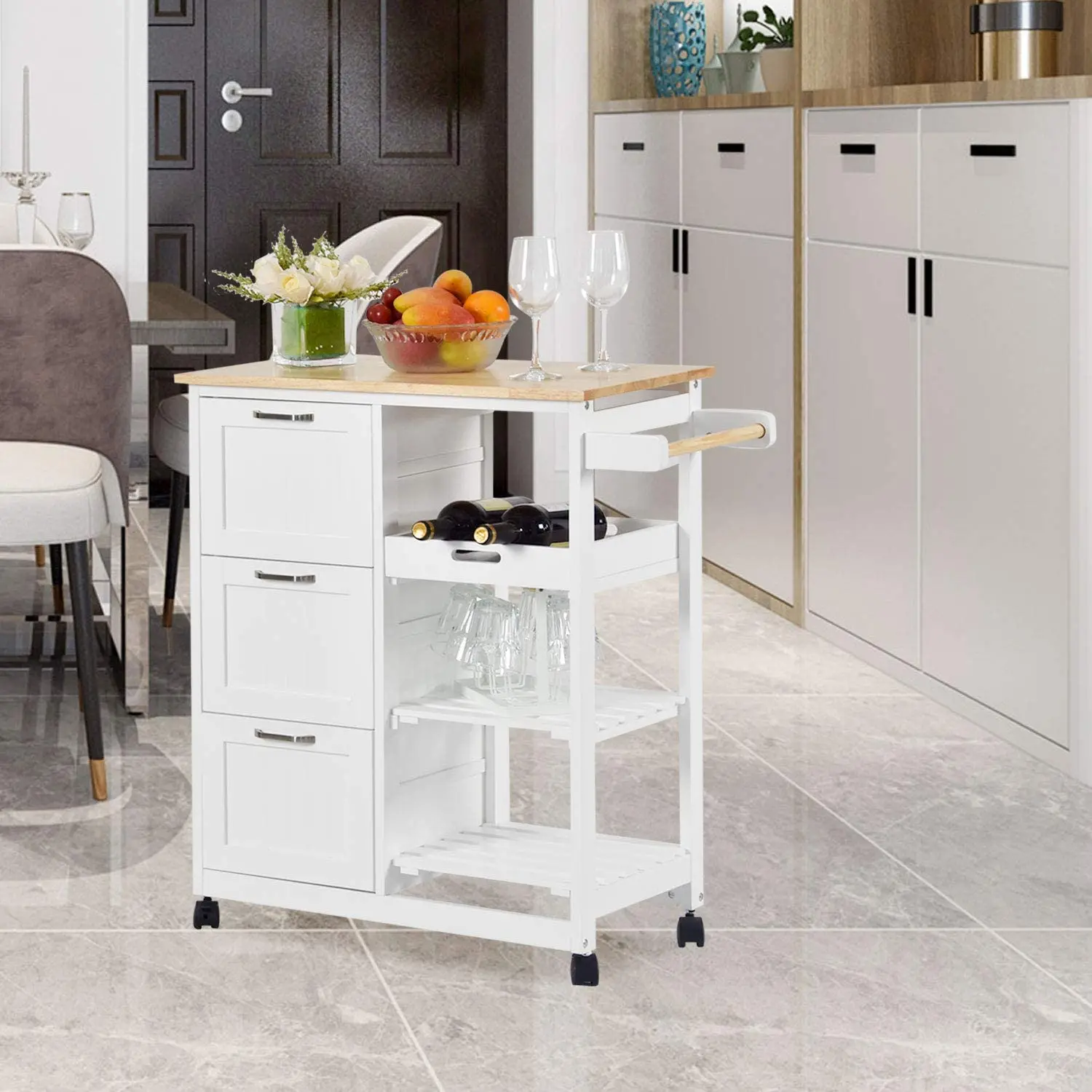 Kitchen Island Cart,Industrial Kitchen Bar&Serving Cart Rolling on Wheels Utility Storage Trolley with 3-Tier Wine Rack Shelves