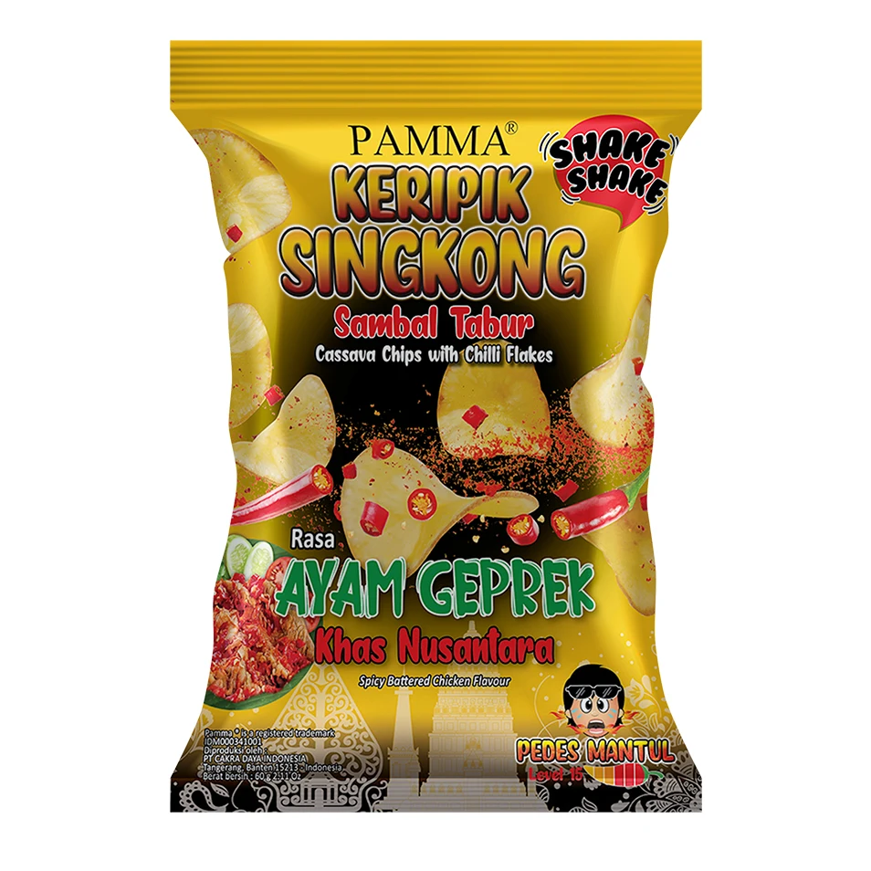 
PAMMA CASSAVA CHIPS WITH CHILLI FLAKES SPICY BATTERED CHICKEN FLAVOUR - 65 G SACHET 