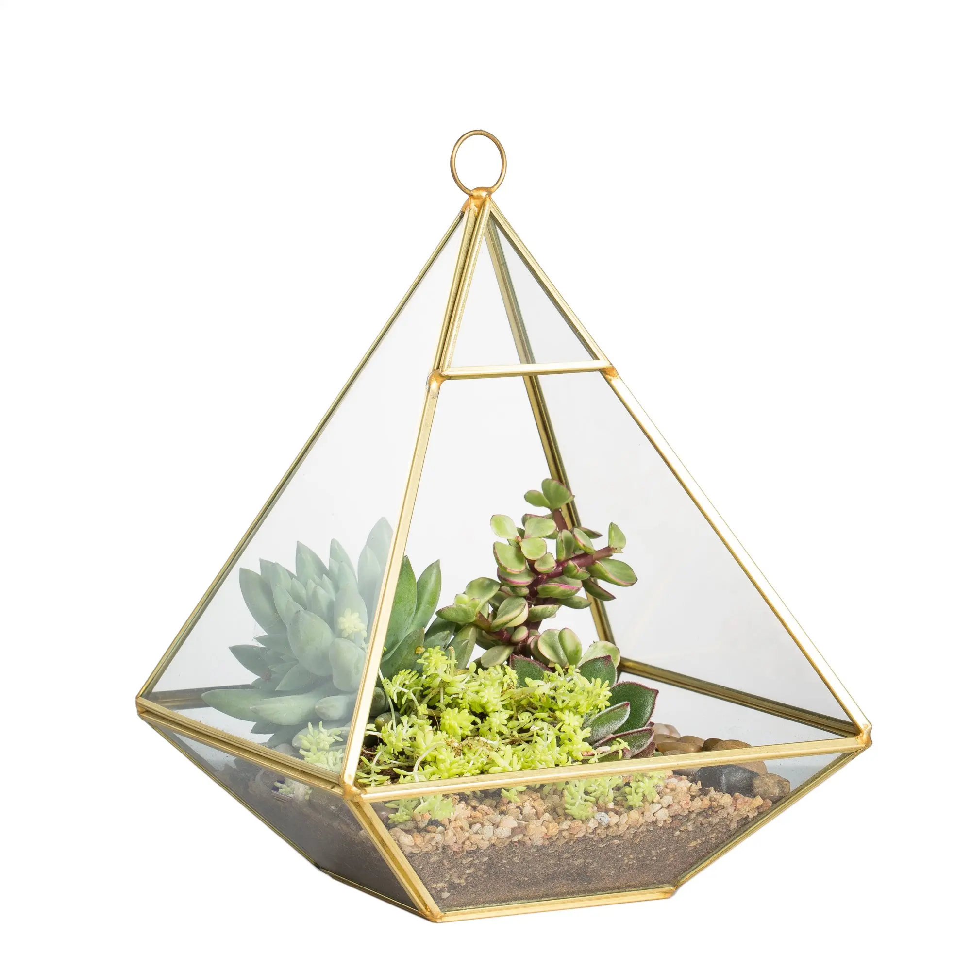 Glass Geometric Plant Terrarium w/ Brass Metal Frame, Tabletop Candleholder