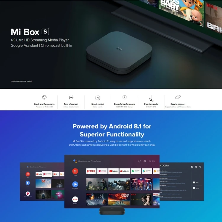 Лидер продаж оригинальный Xiaomi Mi Box S 4K HDR 2 ГБ + 8 Гб Android 1 TV с Google ассистентом удаленной потоковой