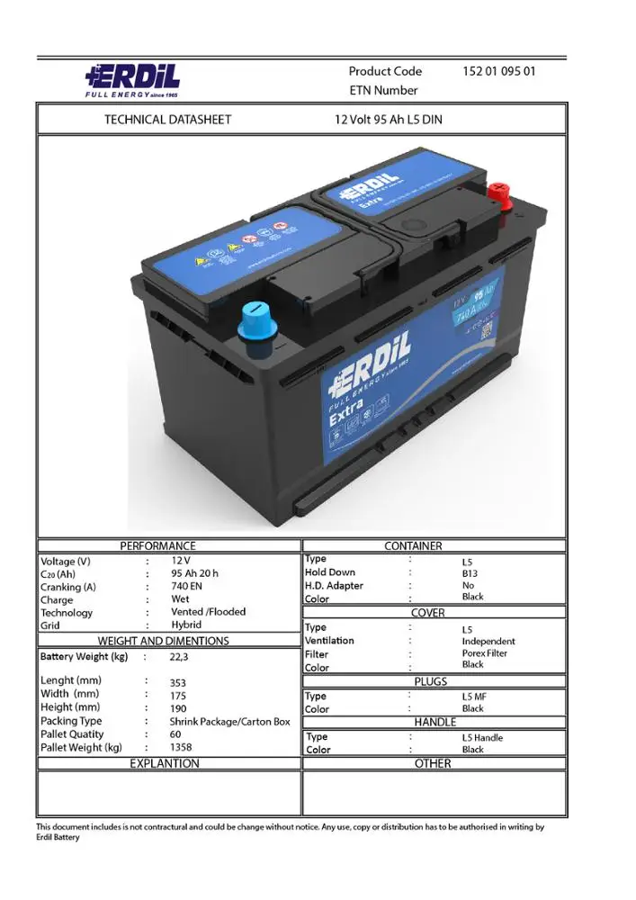 
95 Ah Erdil din type superior quality car battery 