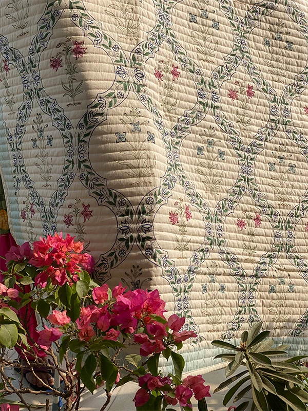 Premium Quality   Indian Hand Block Printed Blue Floral Handmade Cotton Quilted Bed Cover  With Pillow Cover