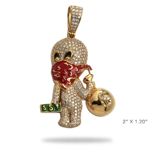 Real Diamond Fully Iced Out Round Diamond Studded Spook Robber Red Neckerchief Diamond Pendant