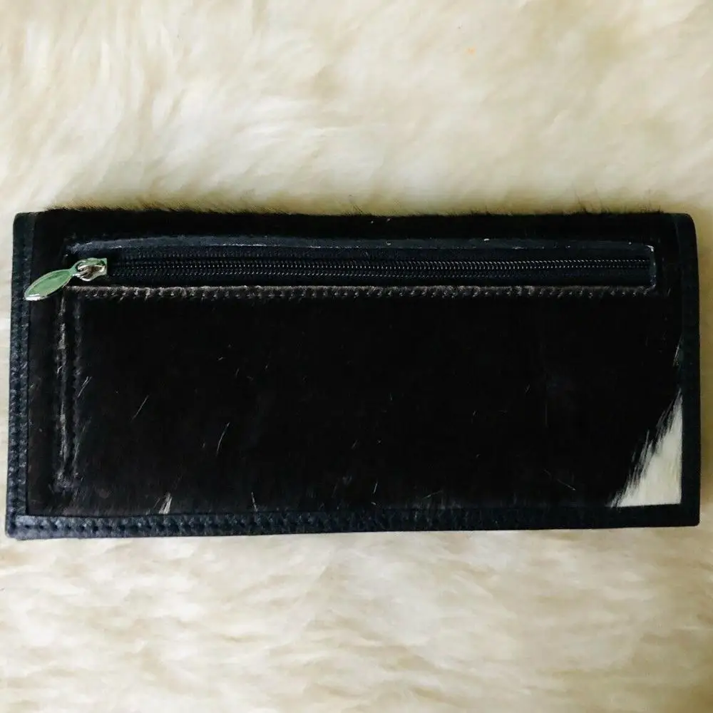 Real Cowhide Calf Leather Slim Wallet Hair on Calf Skin Fur Black Womens