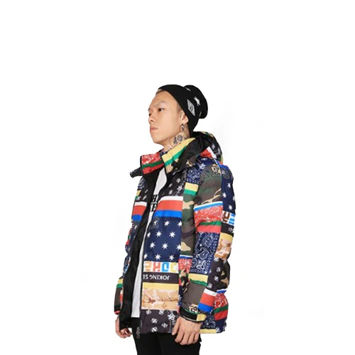 Men custom outdoor fashion splice warm premium puffer down padded winter jacket 2021 with hood spurn cotton