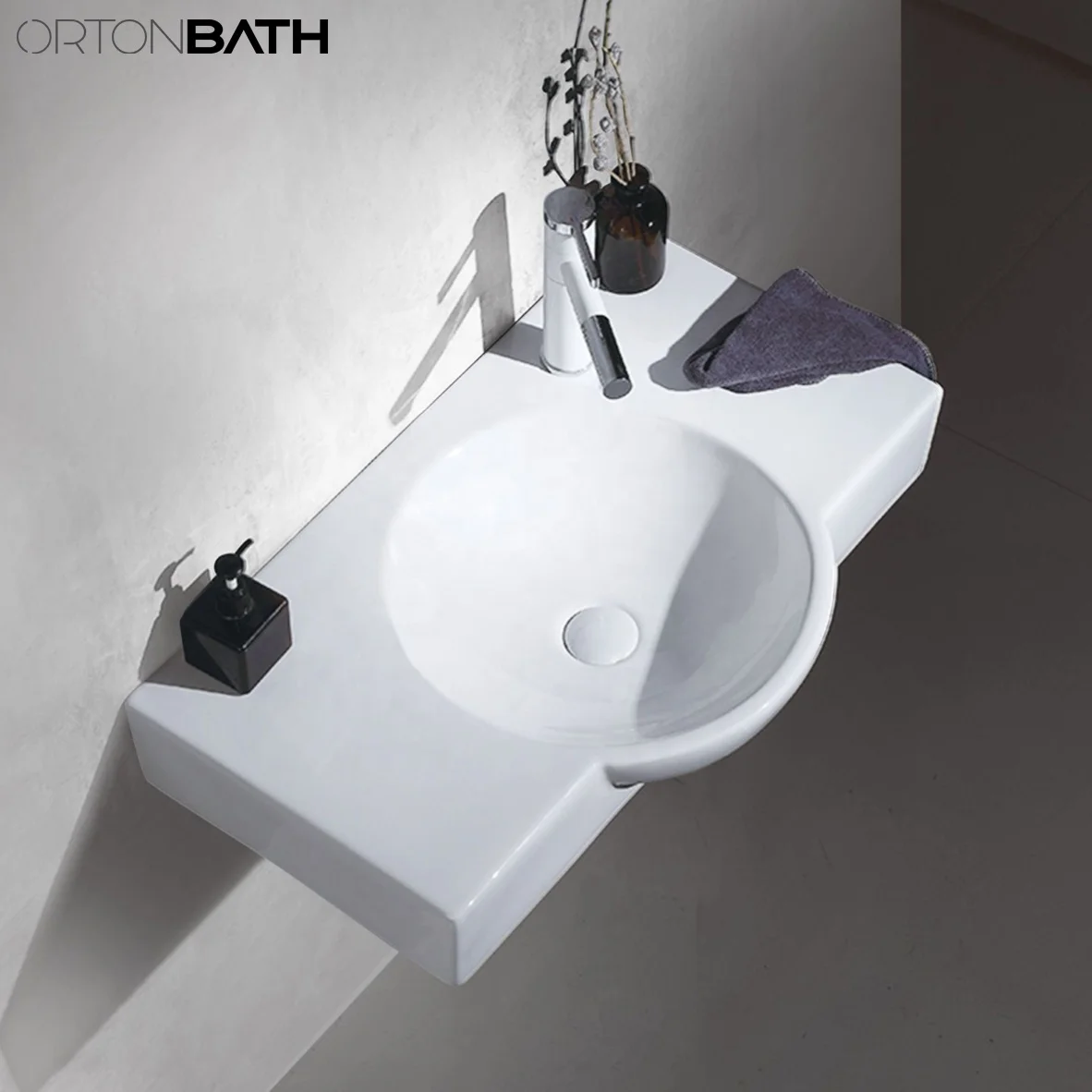 ORTONBATH D shape Bathroom Wall Hung Hair Hand Ceramic Salon Wash Basins Wall mounted Ceramic wash hand basin with cheap price