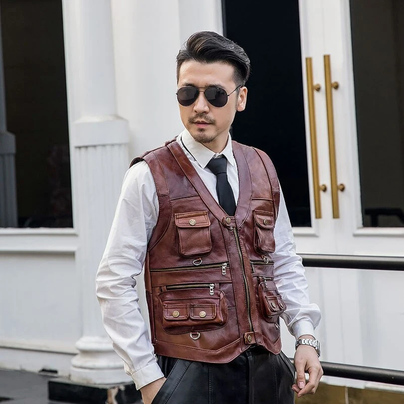 Cowhide Genuine Leather Vest Men Brown Waistcoat Male Sleeveless Jacket Thick High Quality Vest Multi Pocket
