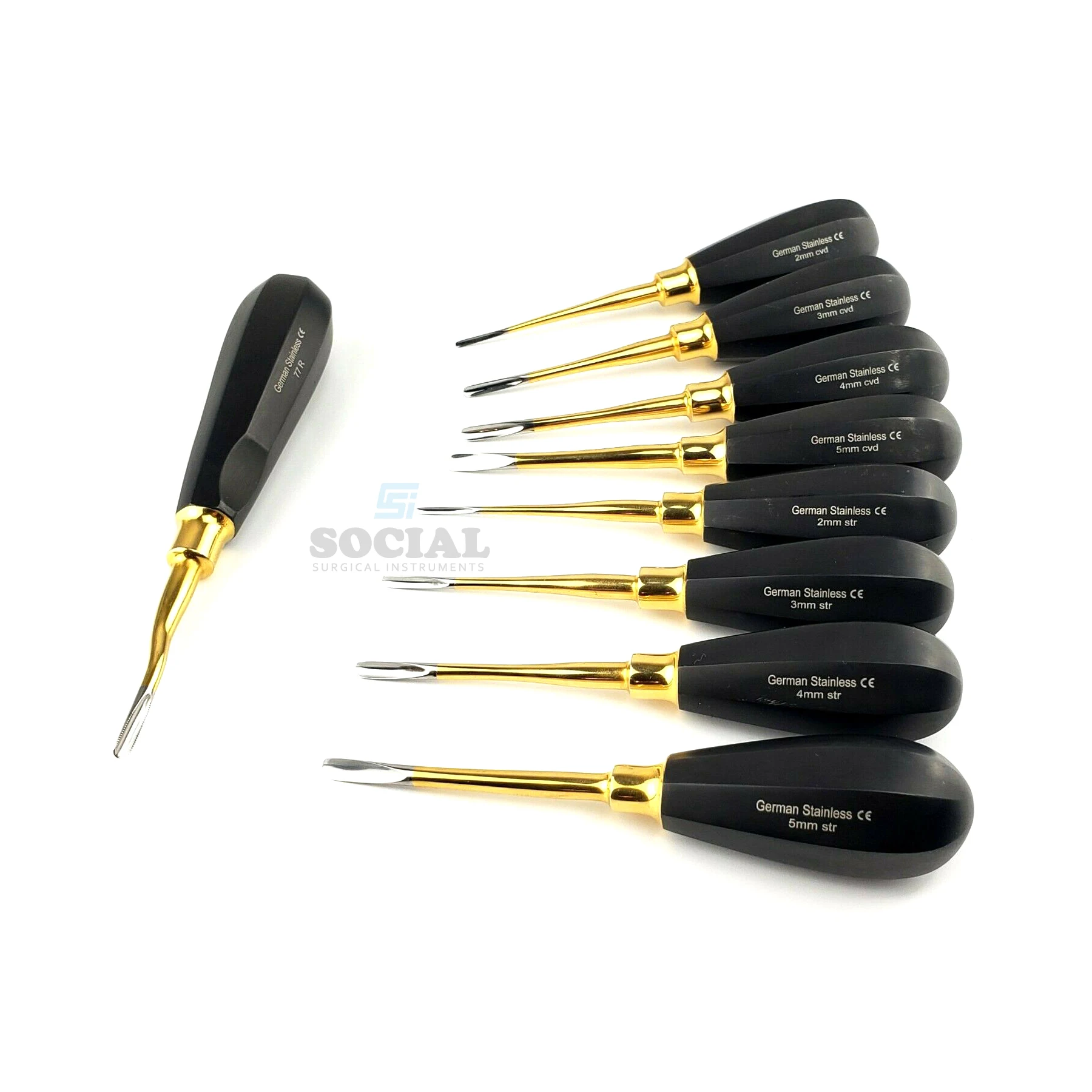 
9 Lux Elevator 2 to 5 mm Straight&Curved German Black Handle Dental Instruments 