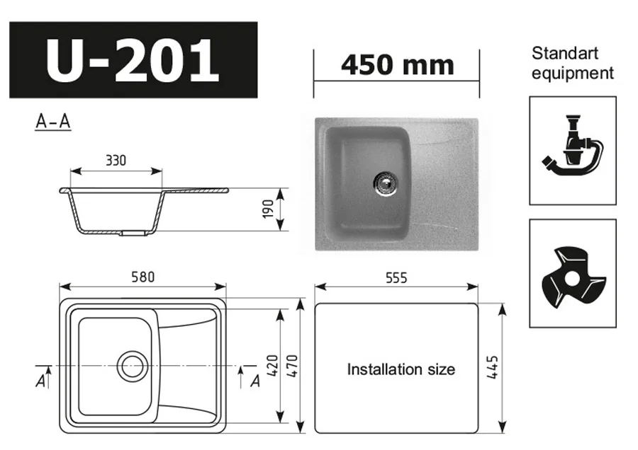 Top quality kitchen sink ULGRAN U-201 reversible, rectangular kichen sink single bassin sink
