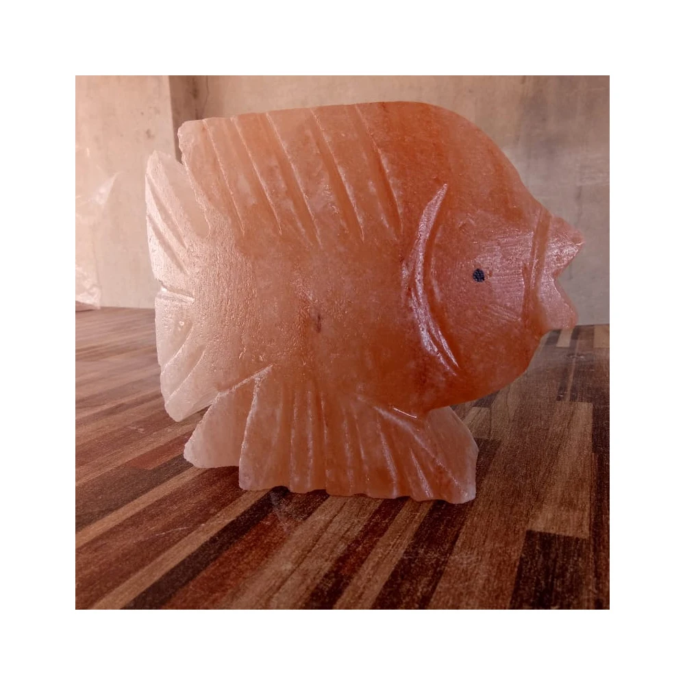 Himalayan Pink Animal-Shaped Fish Salt Lamp with Wood Base Carved Decoration by Impex Pakistan