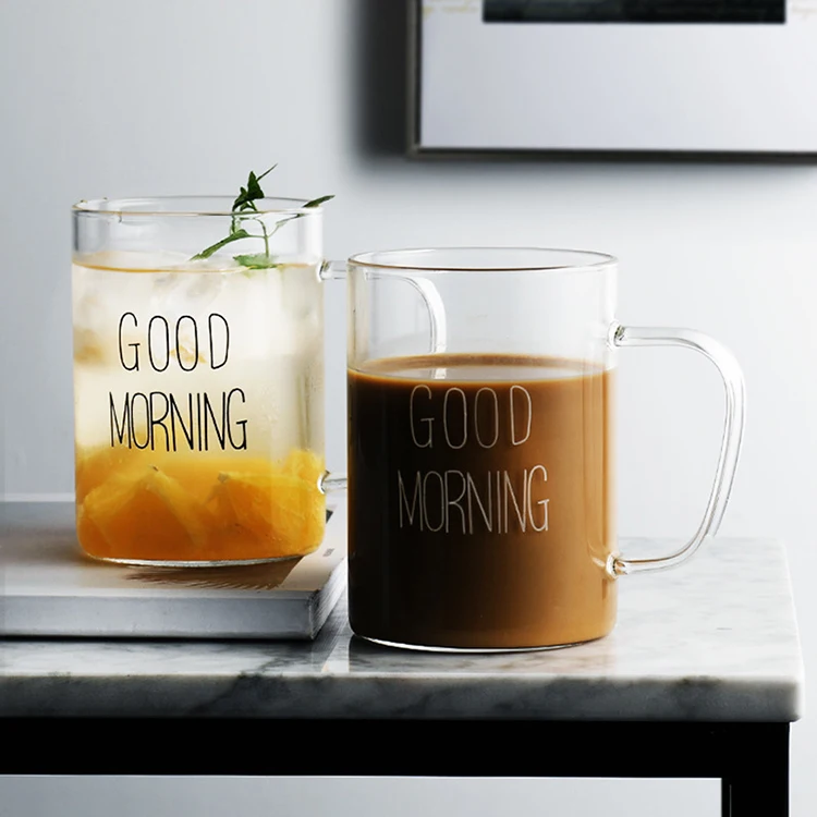 custom logo clear morning  glass milk coffee water cup with handle