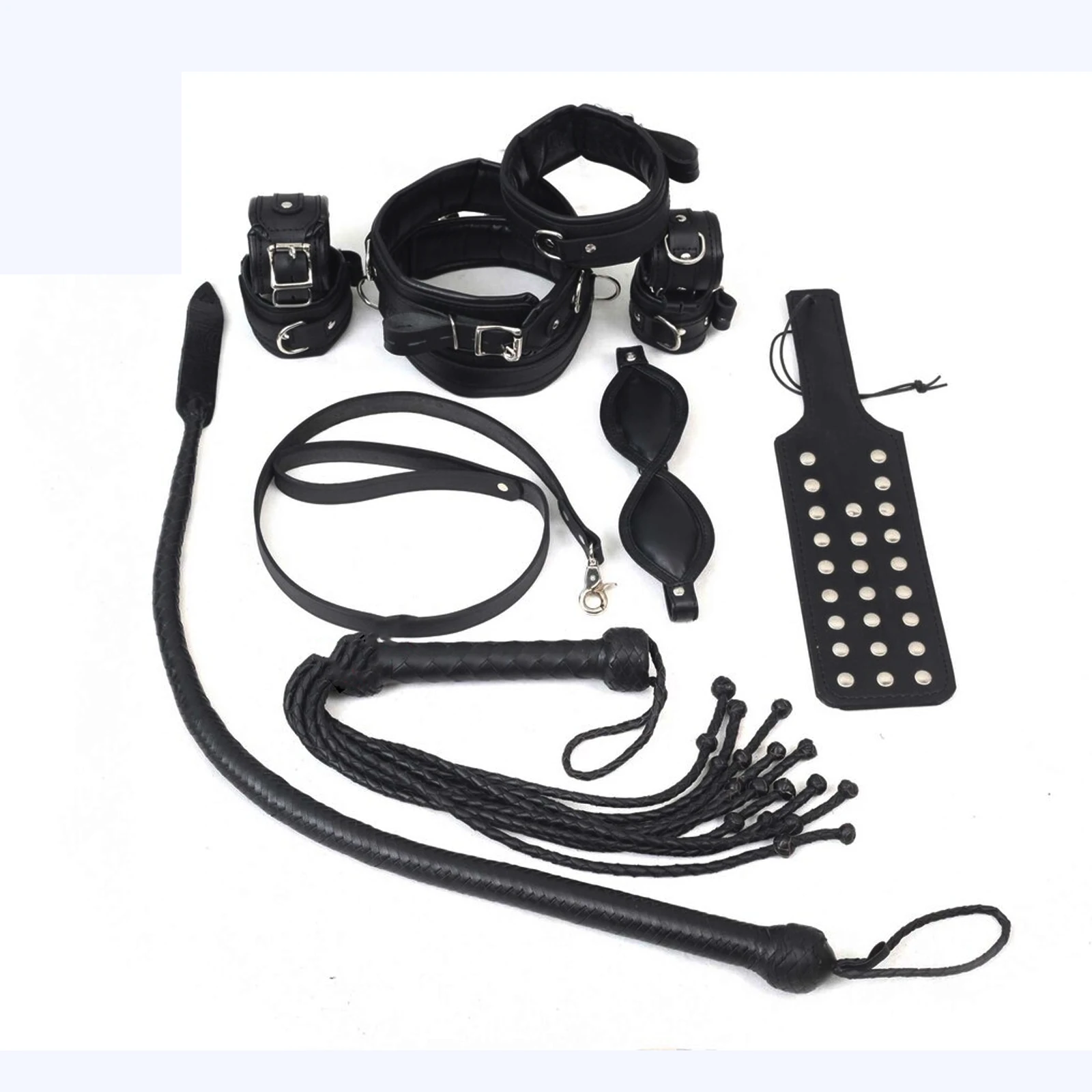 Bad Boy Bondage Set Black Cowhide Leather Restraint Hard BDSM Set Wrist Ankle Thigh Cuffs Collar Set, Paddle, Flogger, Blind Fol