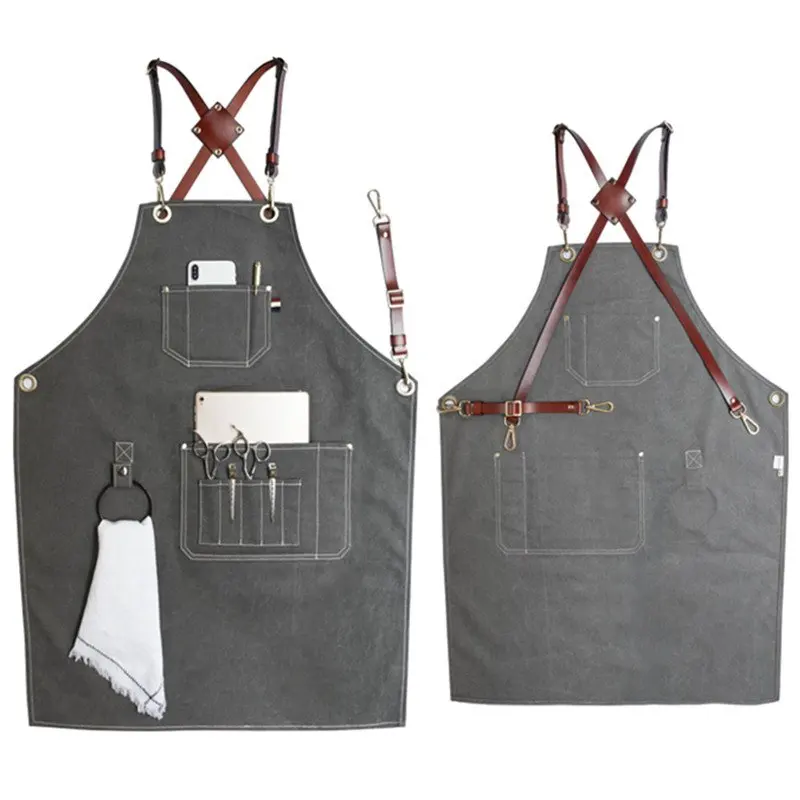 Hign Quality Aprons with logo BBQ Denim Barber Apron with Genuine Leather Straps