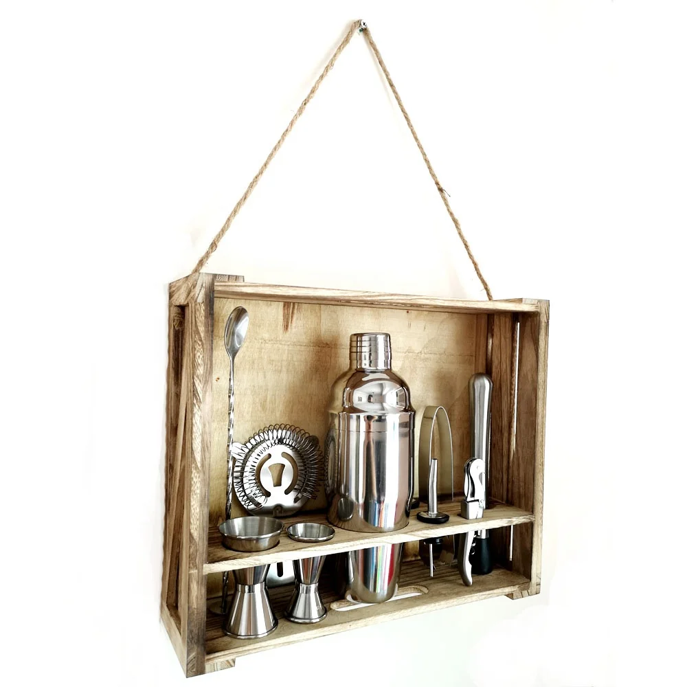 
Amazon Hot Sell Patent 11 pcs Home Bar Food Grade Rustic Wood Rack Stand Mixology Stainless Steel Cocktail Shaker set 