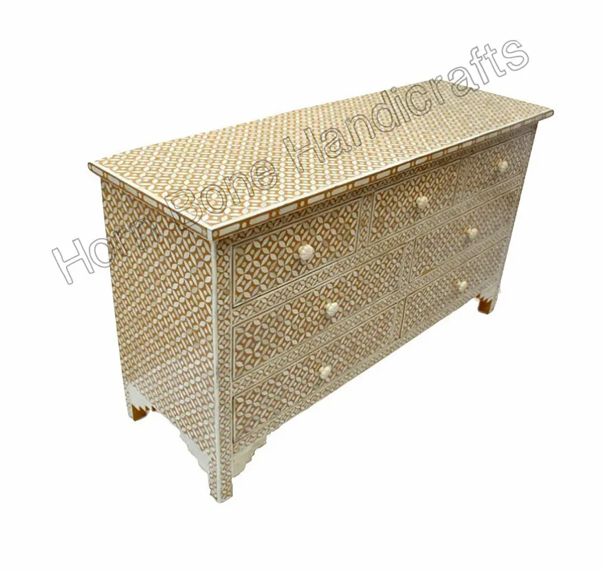 Luxury Handmade Mustard Color Modern Bone Inlay Chest of Seven Drawer For Bedroom/ Living Room/ Luxury Bone Inlay Home Interior
