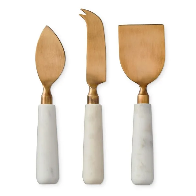 White Marble and Brass Cheese Cutting Knife Set at best rate