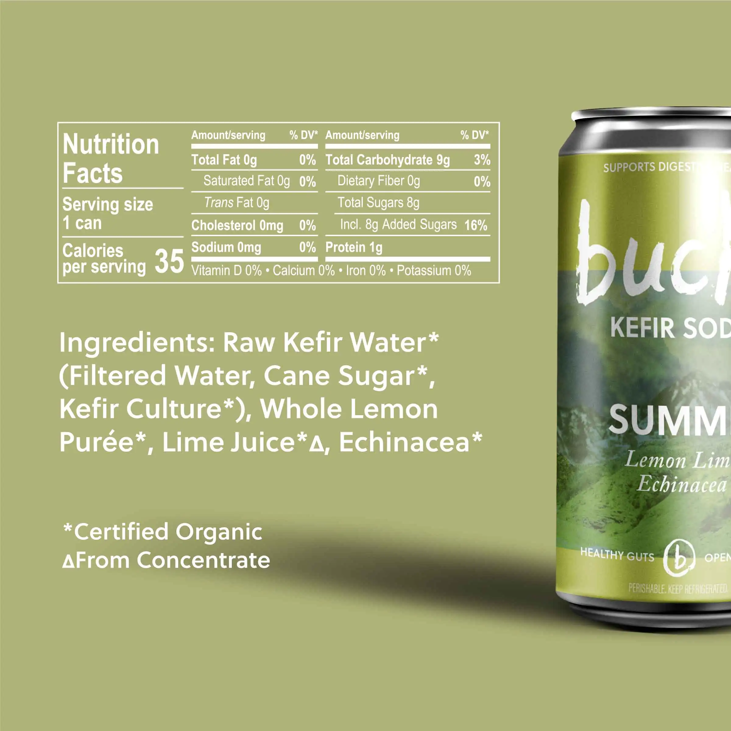 Buchi Kefir 12/8oz Lemon Lime Echinacea Organic Kefir Soda Non Dairy Probiotic Tonic Can Premium Quality