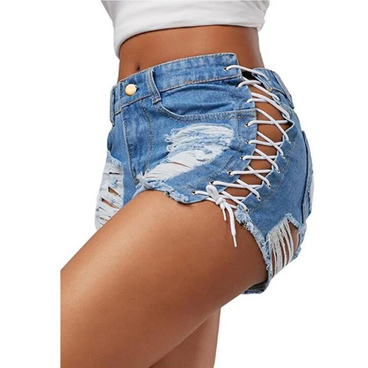 Light Blue Denim Ripped Hole Women Jeans Short Denim Shorts