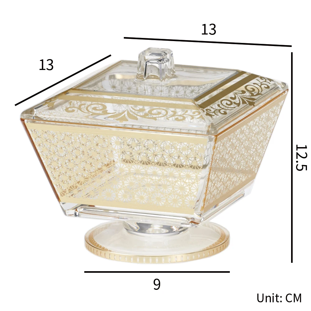 HNA Taiwan Made Plastic Gold Silver Design Square Compote Candy Jar with Stand Cover