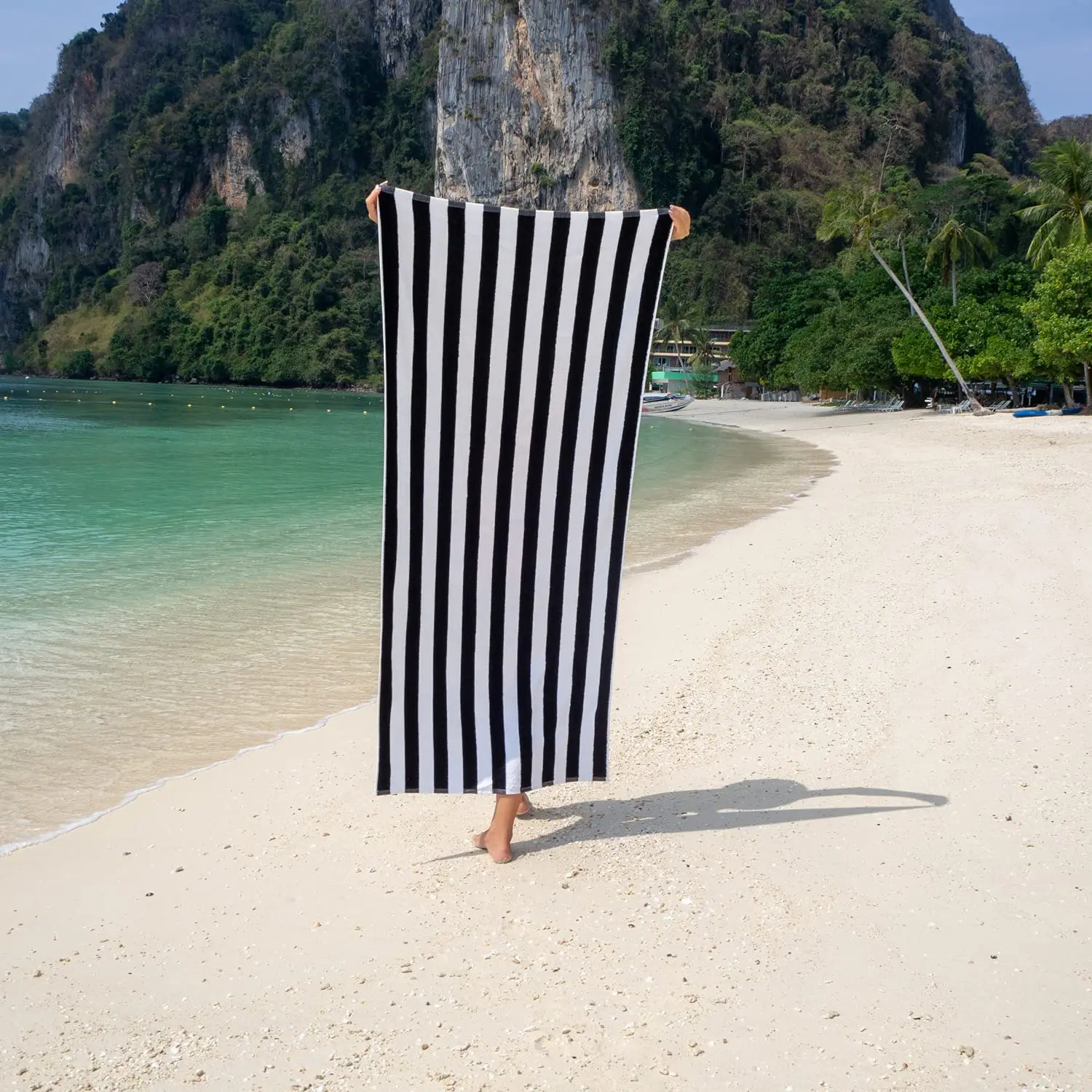 Oversized Black Cabana Stripe Beach Towel Highly Absorbent Soft Cotton Pool Towel for Kids Light Weight Plush Design