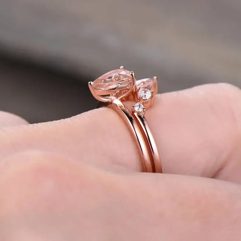 Morganite Bridal Set Oval Solitaire Engagement Ring Crown Wedding Band Plain Rose Gold Sterling Silver Hand Made Jewelry