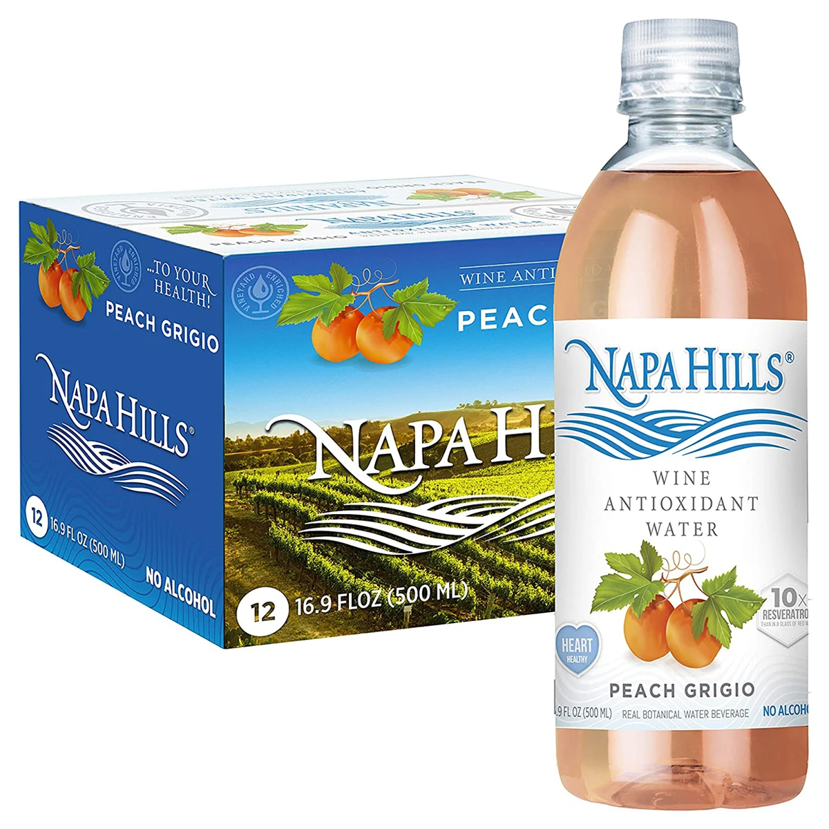 
Non Alcoholic Napa Hills Wine Antioxidant Water Peach Grigio Flavored Wine Water Resveratrol Enriched Drink Peach 12 Pack 
