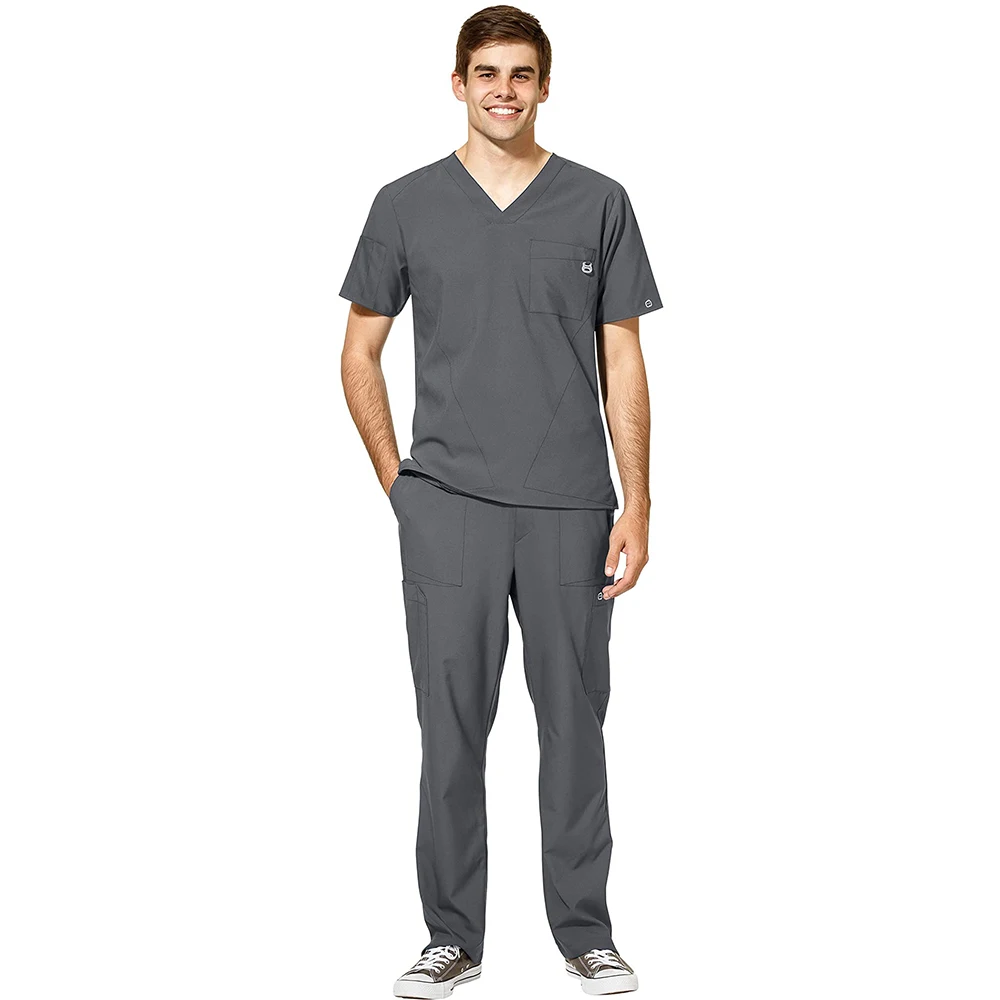 Men Scrubs Set V-Neck Medical Suit Cargo Pocket Pant Stretch Uniform