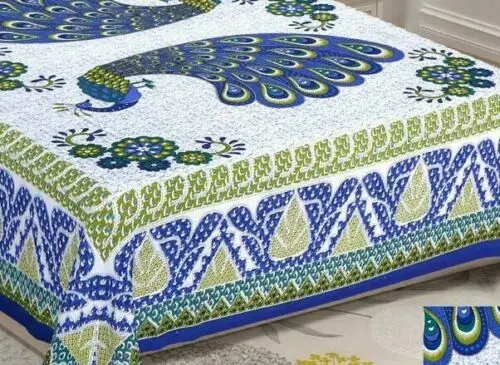 Attractive Peacock Printed Cotton Double Bed Sheet with 2 Pillow Covers High Classical Finishing Handmade Bed Sheet