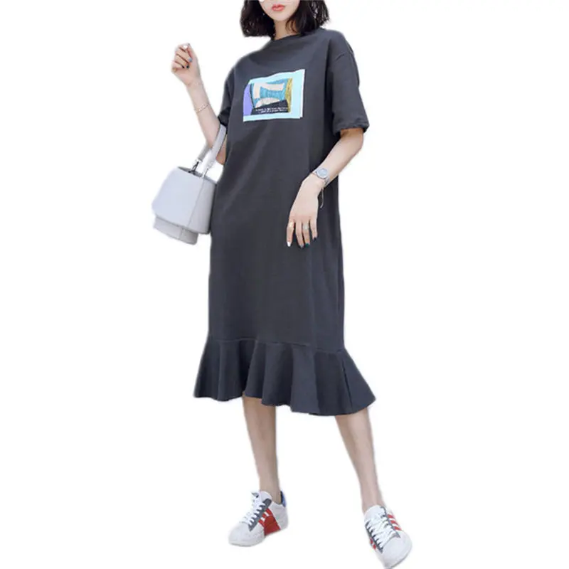 Hot sale custom casual cotton t shirt dress summer long skirt women clothing loose oversized graphic print ruffles midi dresses