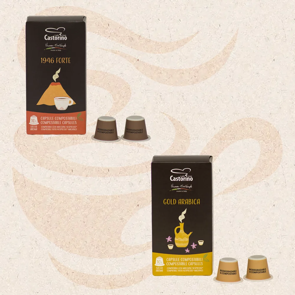 Premium quality Castorino Italian Coffee NESPRESSO Compatible CAPSULES 1 box FORTE and 1 box GOLD ARABICA for home / HO.RE.CA.
