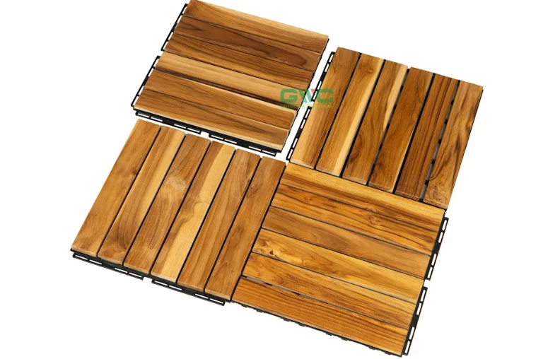 Teak Interlocking Deck Tile for Outdoor Furniture Size 30x30 cm DIY Install without tools wood deck tile patio balcony
