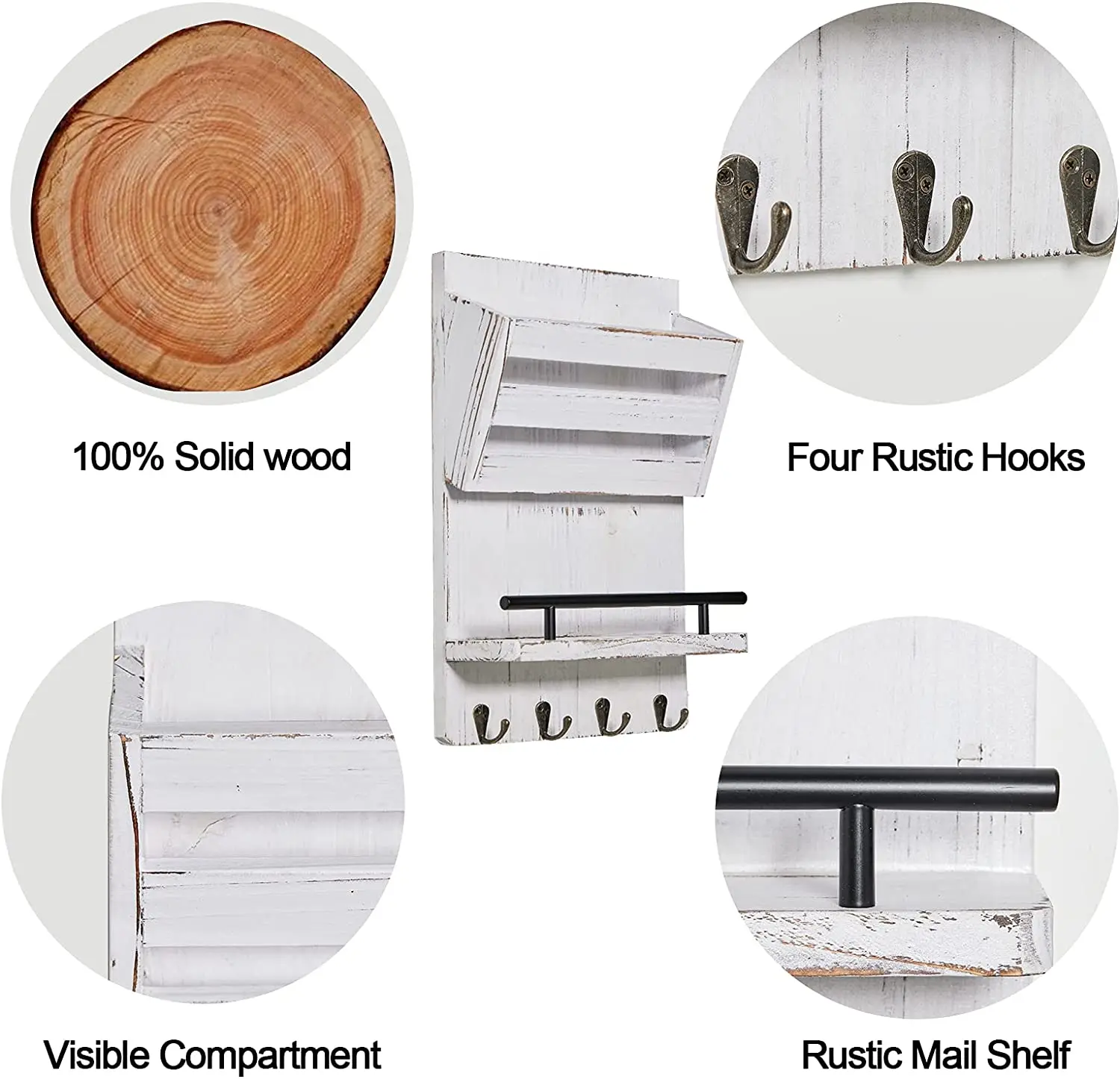 SINORHEMA Wood Key Holder for Wall Decorative with 4 Key Hooks Key Rack Hanger for Wall Mail Holder and Key Hanger or Shelf