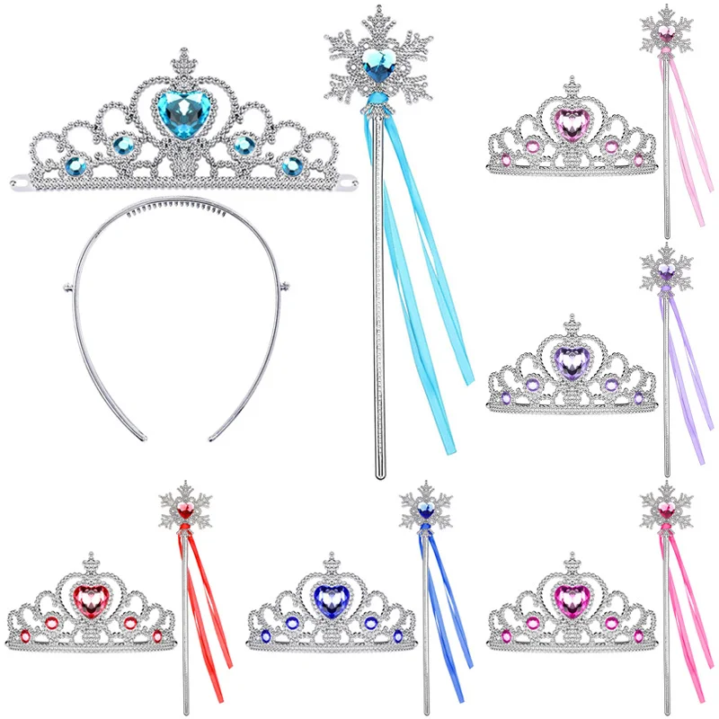 Frozen Birthday Party Supplies 2pcs/set Girls Princess Tiara Crown Magic Wand Kids Crown Rhinestone Tiara