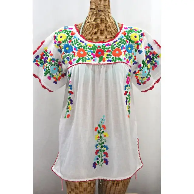 Beach Style Summer Mexican Embroidered Blouses Ladies Short Sleeves Blouses