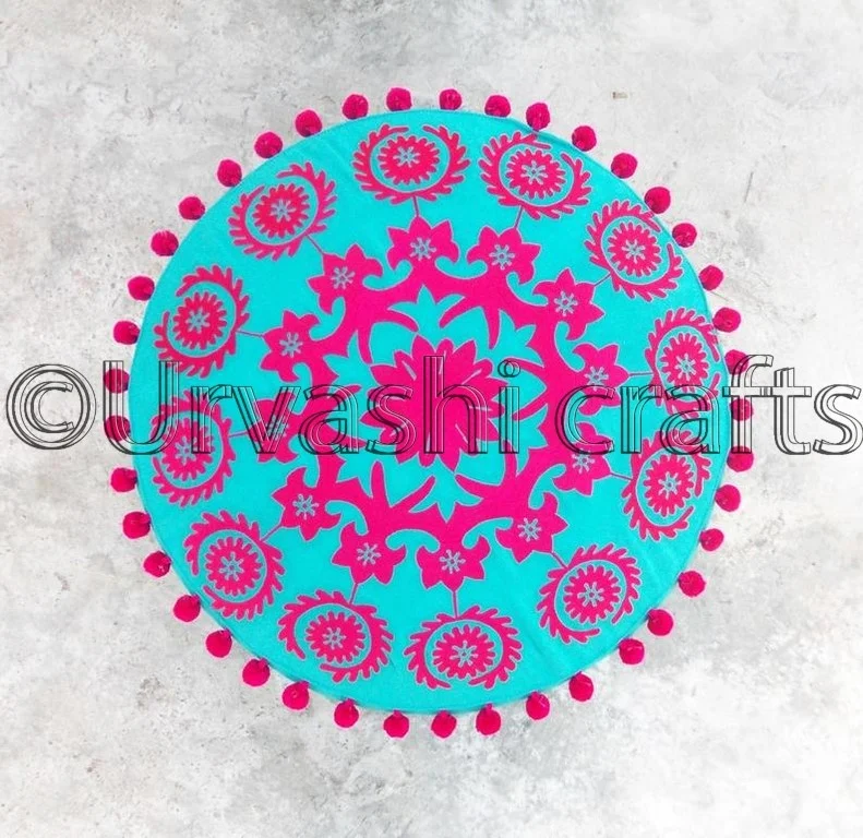 Made in india new gypsy fashion 22X12 inches fluorescent pink with turquoise bohemian ottoman cover folk pouf