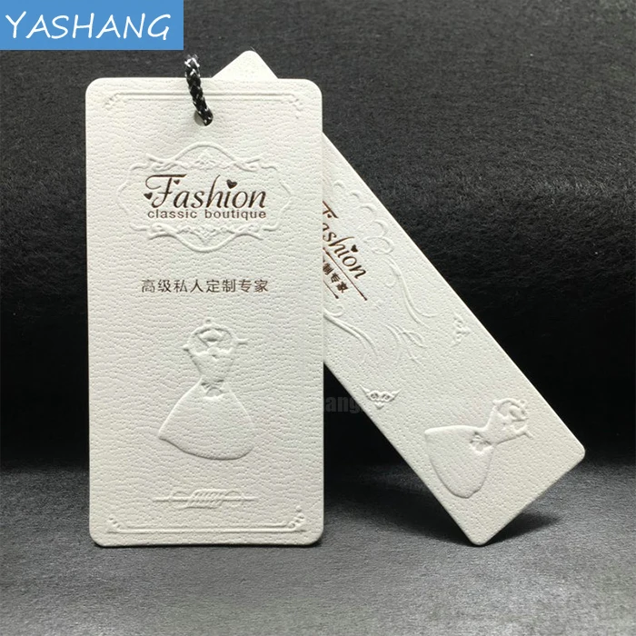 Gold stamping white paper tag elastic loops with hang tag black blind letterpress printing