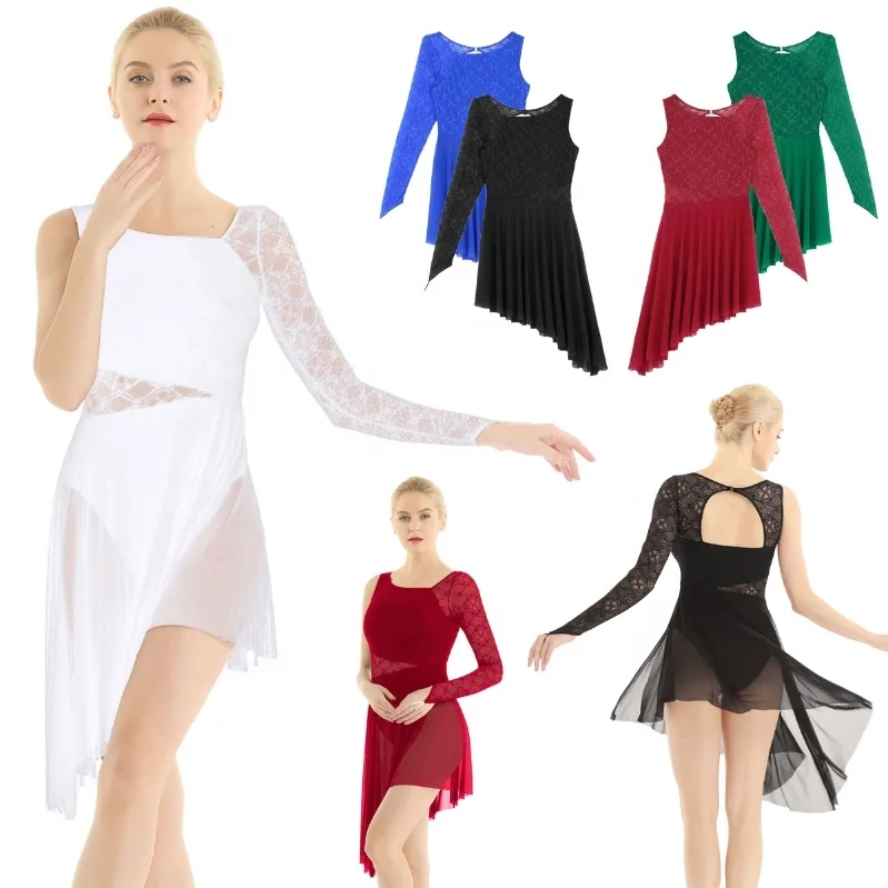 
Women Adults Long Sleeve with Fingertip Lace Bodice Asymmetric Leotard Dress Lyrical Modern Contemporary Ballet Dance Costume 