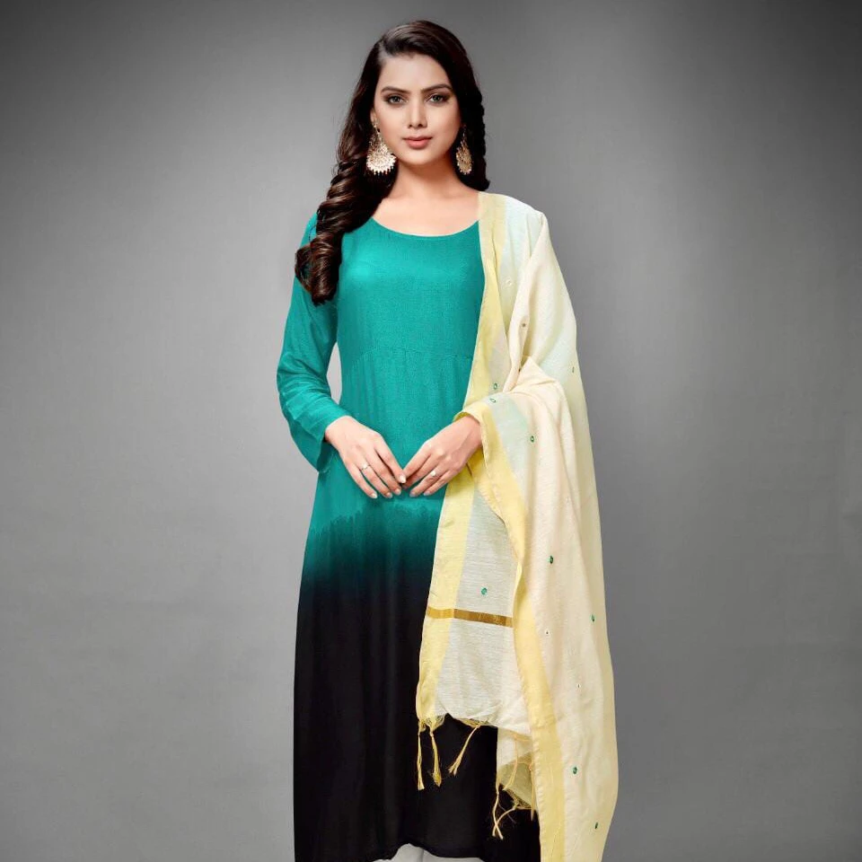 Most beautiful look office wear india women wear kurti + palazzo and dupatta heavy cotton rayon fabric readymade cheap low price