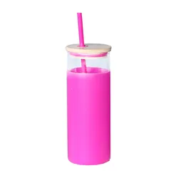 500ml High Quality High Borosilicate Glass Water Bottle with Silicone Sleeve and Bamboo Lid Glass Tumbler with Same Color Straw