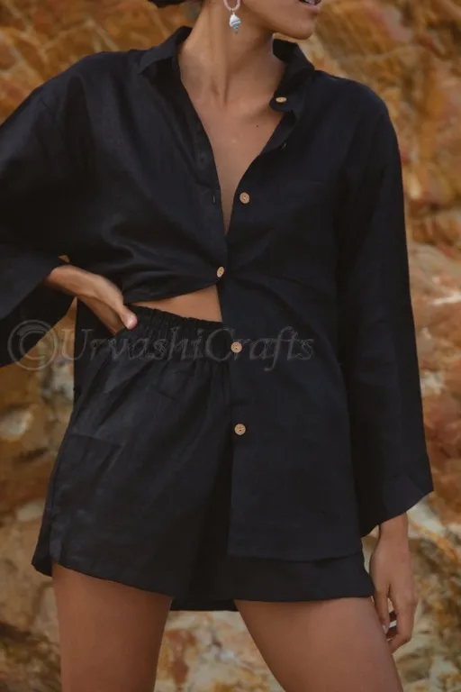 100% Linen Plain Cotton Full Sleeves With Buttons Unisex Oversized Shirts Indian Ethnic Summer Beach Shirts For Beach Cover Ups