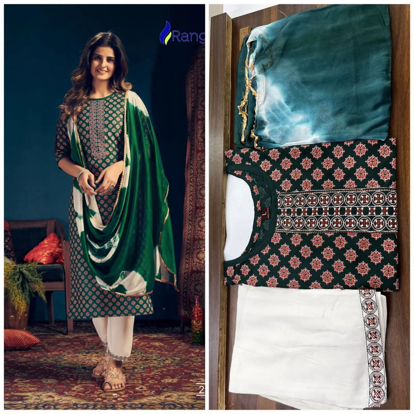 Gorgeous contemporary designs Kurta Pant ,Dupatta Set For Ladies Rayon Print with tie patti work 4 Side lace Dupata Royal Export