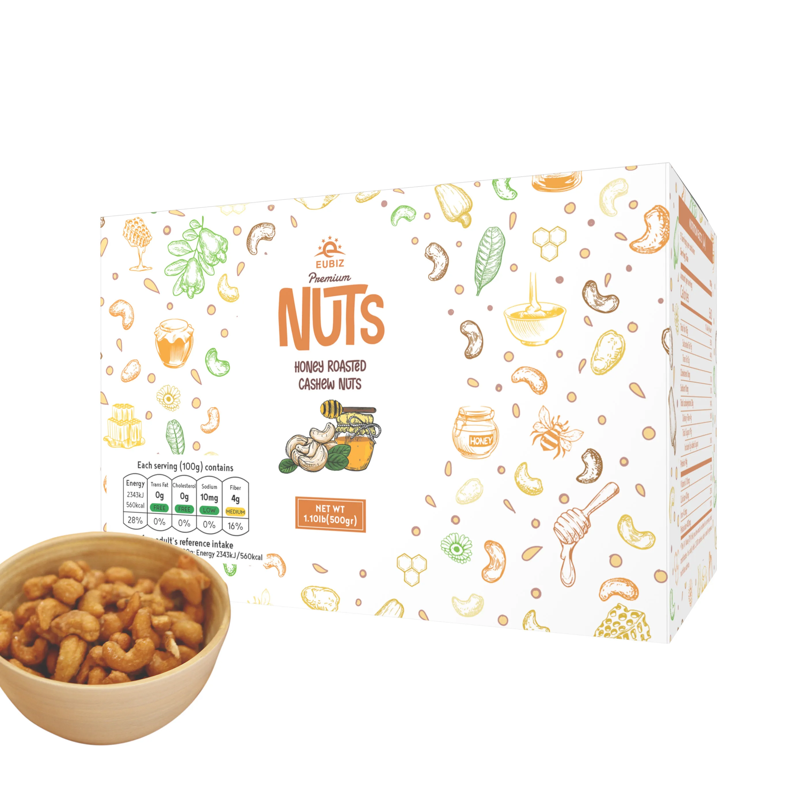 Vente en gros EUBIZ Noix de cajou Miel - Premium Cashew Nuts VietNam Box (paper) 500g (17.7 OZ) - Snack sain