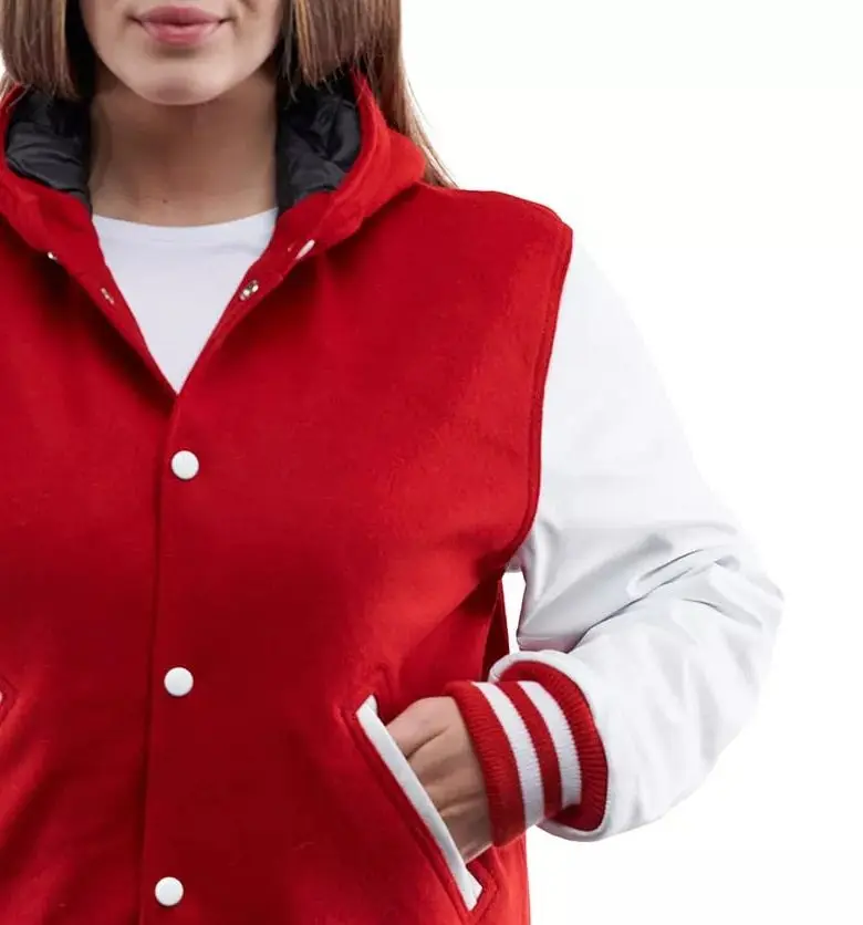 2021 Индивидуальные женские куртки Varsity Letterman шерстяное боди красные с белыми кожаными рукавами женская зимняя куртка-бомбер сафари
