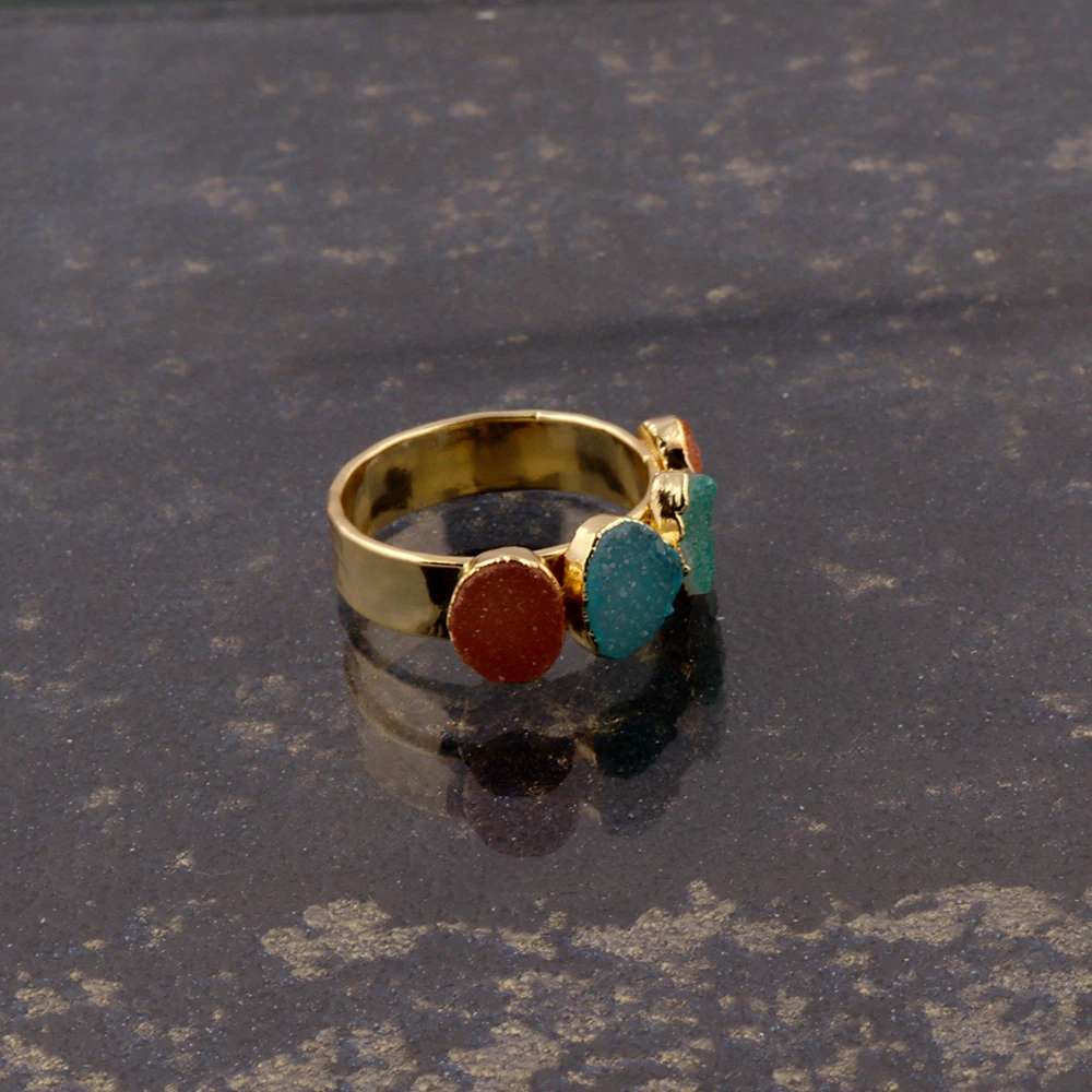18k Gold Plated Peach, Brown And White Druzy Gemstones Adjustable Ring Three Stones Women Engagement Jewelry.  Mode Joyas R-002