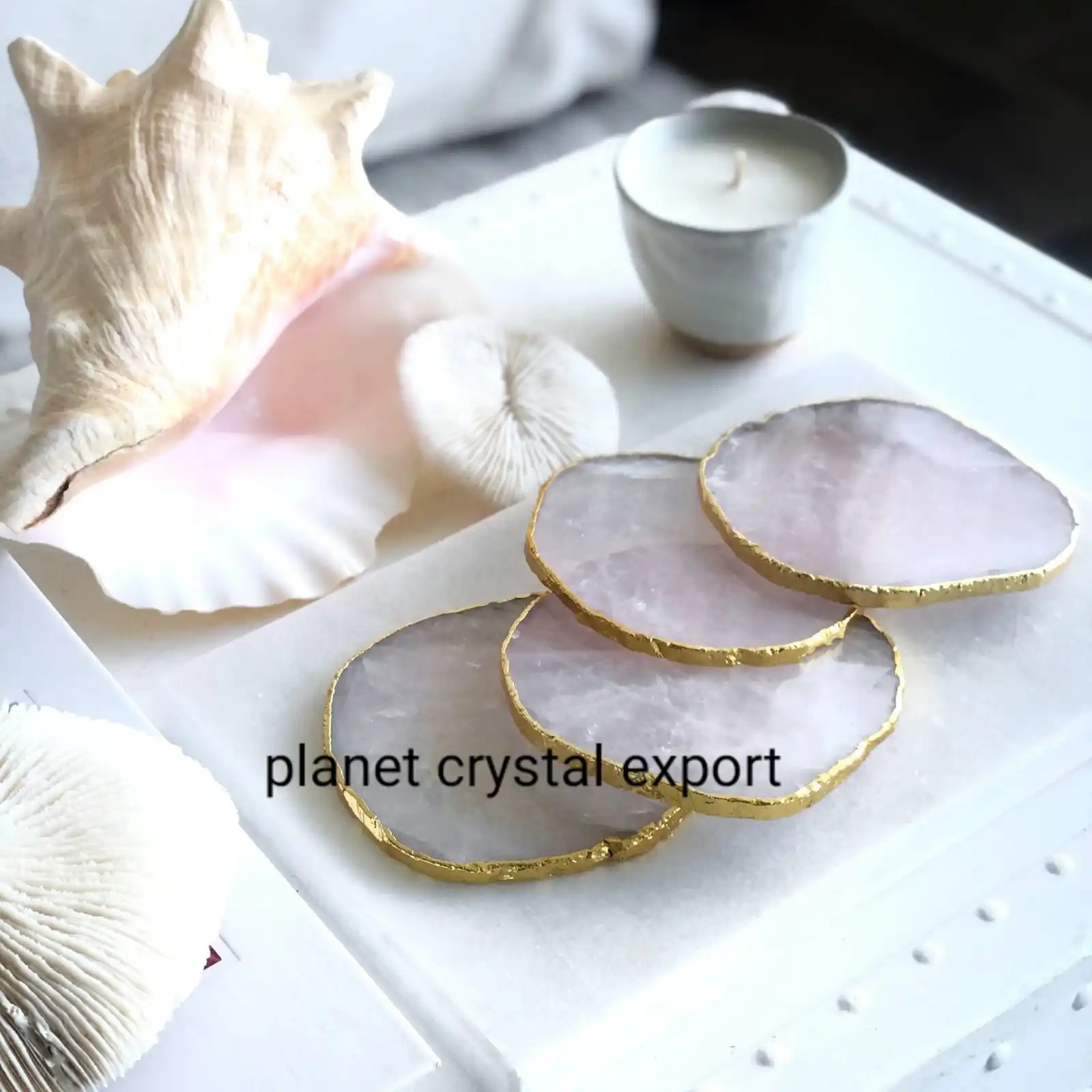Agate Coaster/Wholesale Natural Rose Quartz Agate Coaster With Gold & Silver Plated Rim Buy From Planet Crystal Exports