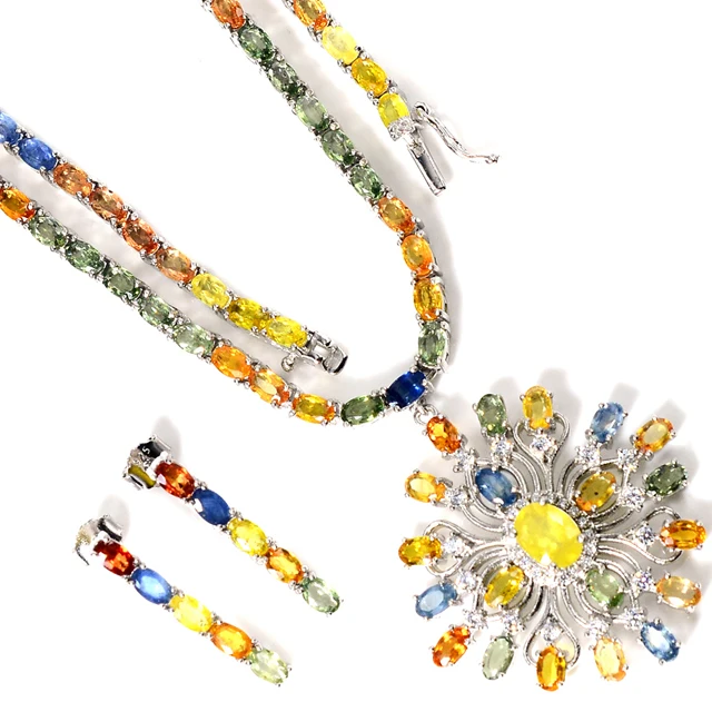 New Arrival Natural Multi Sapphire Gemstone 925 Solid Silver Women Jewelry Pendent Necklace Earring Set Manufacturer From India