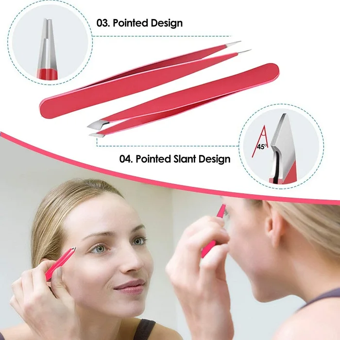Tweezers Set 4-piece Stainless Steel Red color  Tweezers for Eyebrows Facial Hair Ingrown Hair Eyebrow Tweezers Set
